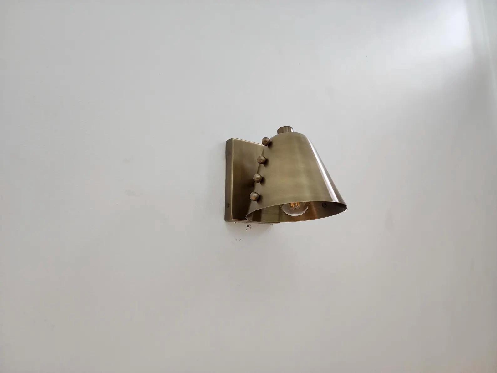 Bold Cone Brass Wall Sconce with Rivet Accents – Handcrafted Mid-Century Design