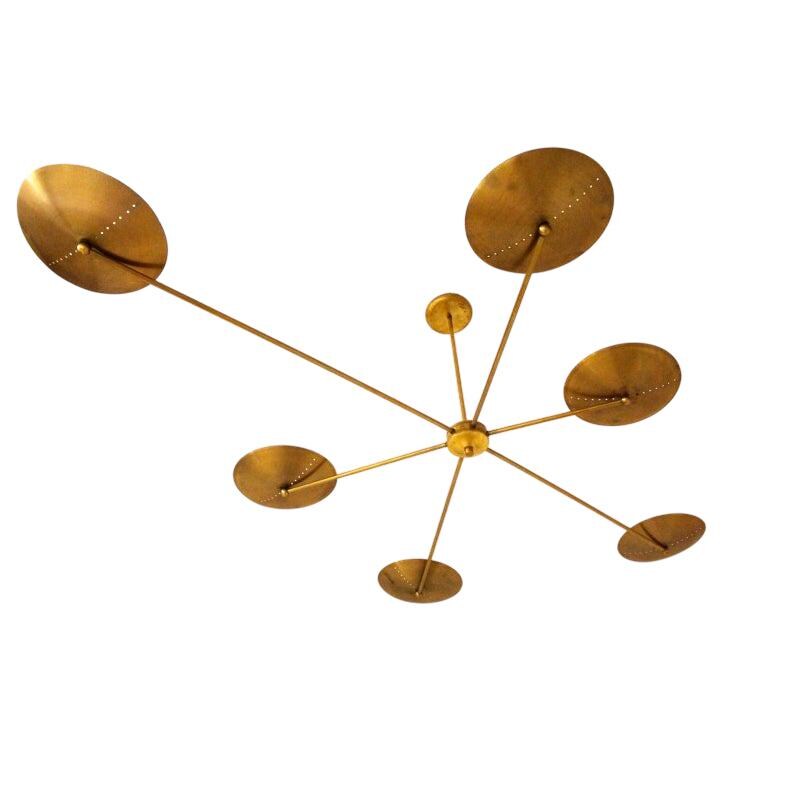 Six Light Brass Sputnik Spider Flushmount Ceiling Fixture Chandelier