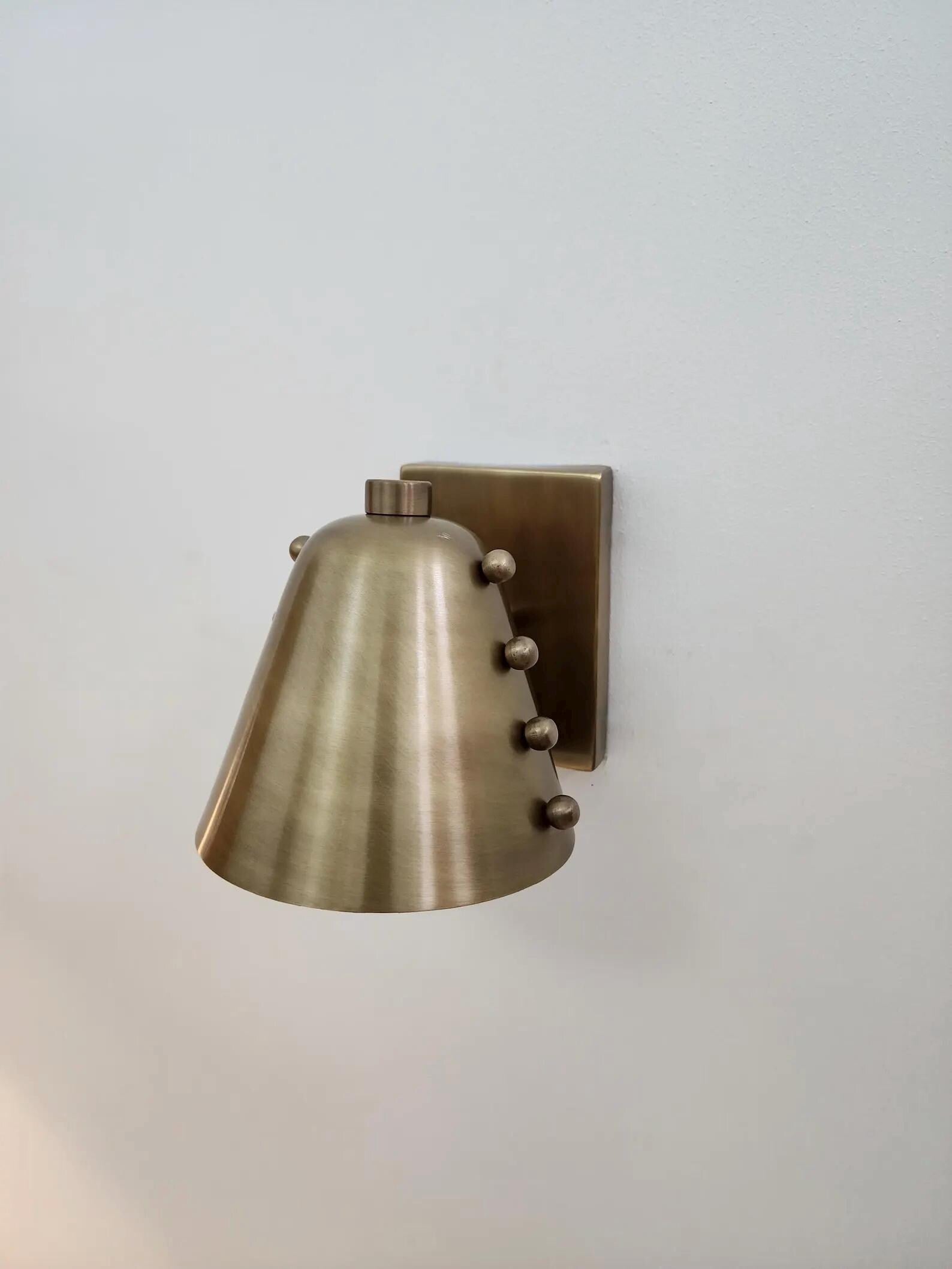 Bold Cone Brass Wall Sconce with Rivet Accents – Handcrafted Mid-Century Design