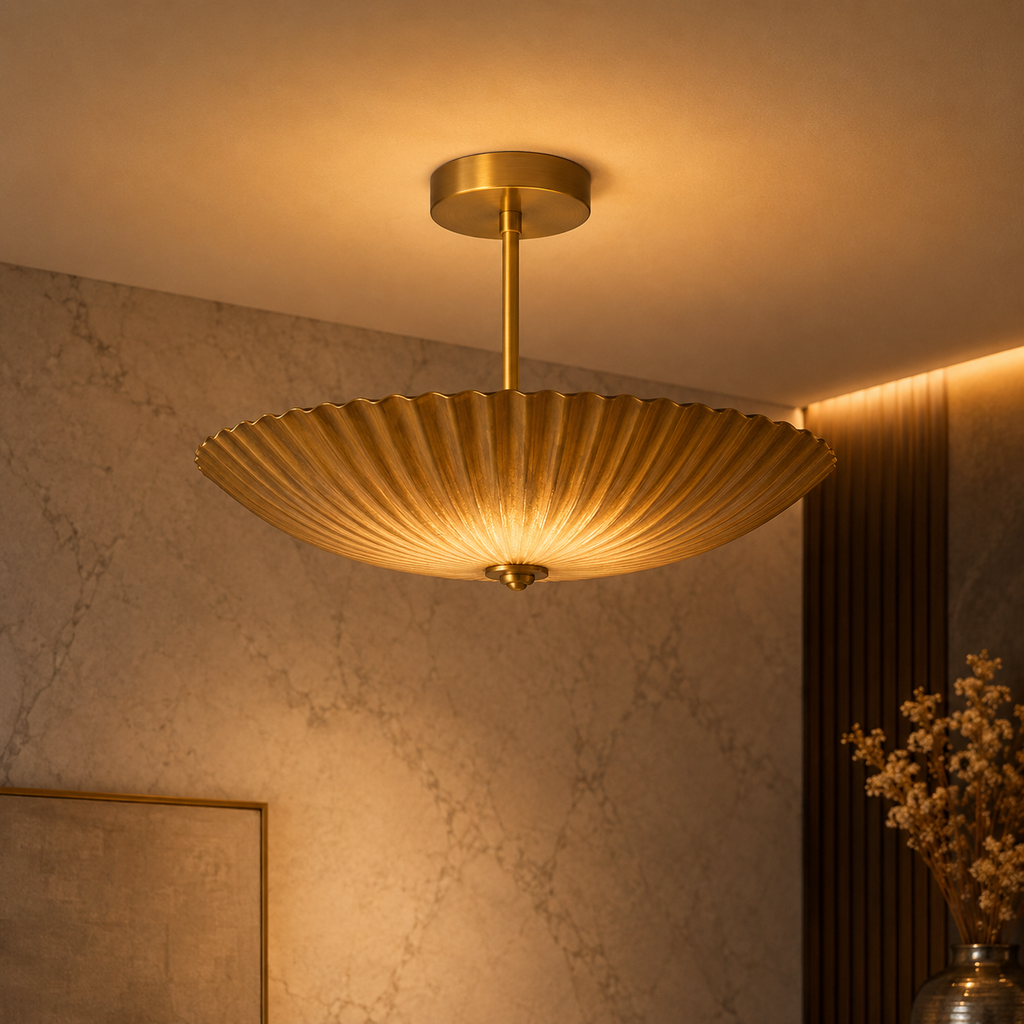 6  Light Vintage Brass Scalloped Design  Disk Handcrafted Sputnik Chandelier Lighting Fixture