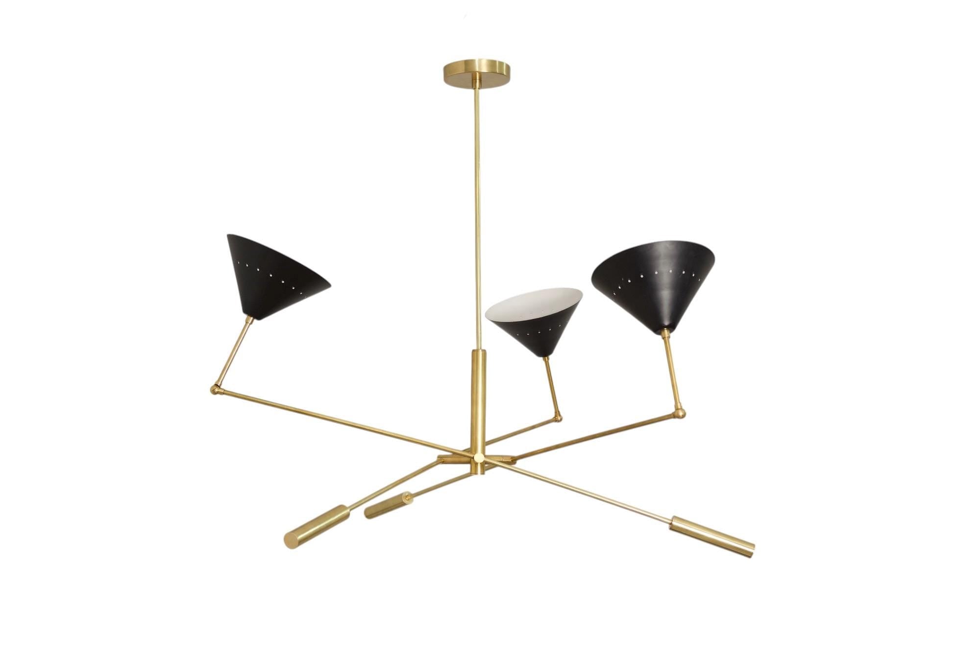 Three light Modern Brass Handmade Cone Vintage Stilnovo Chandelier Light Fixture