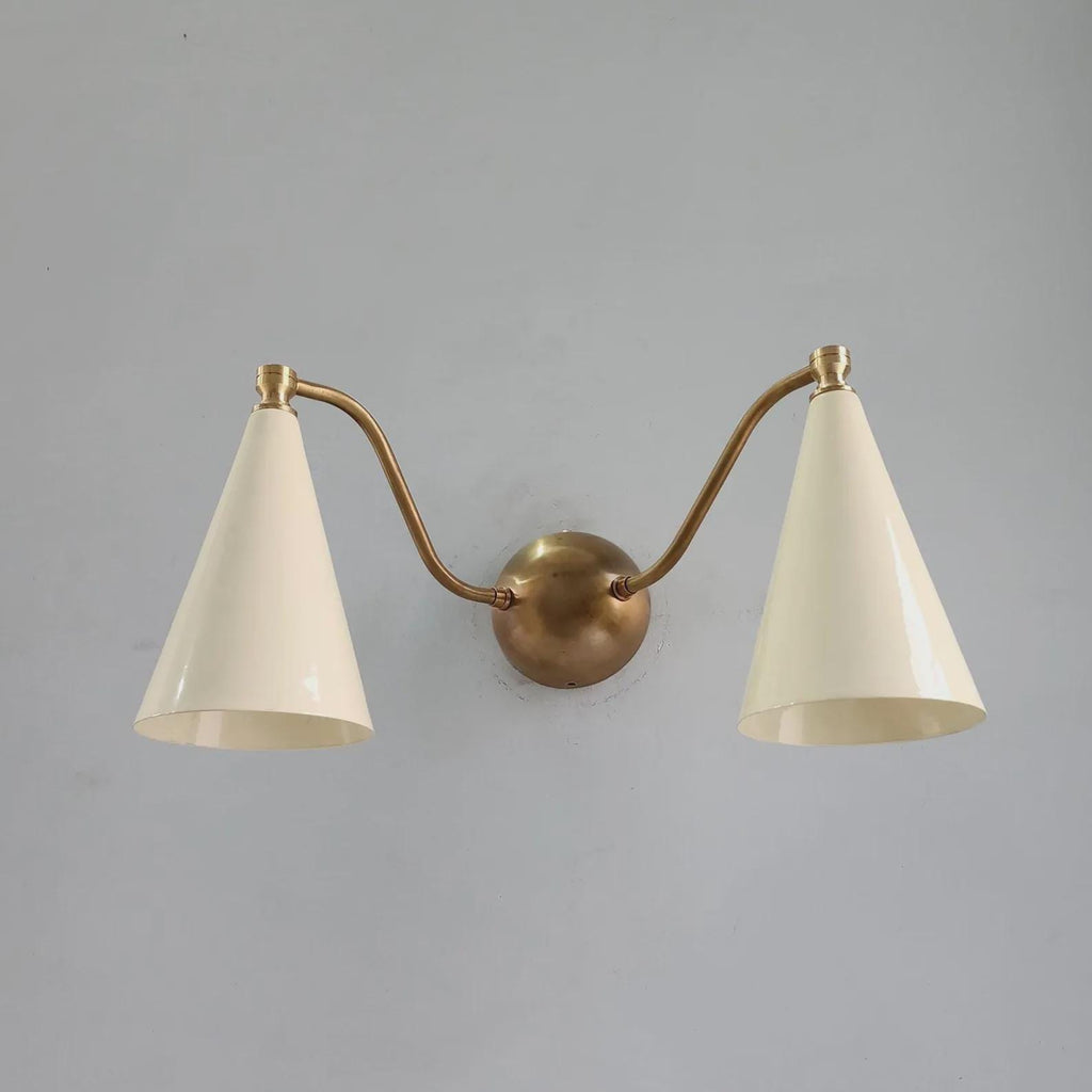 Double Cone Brass Wall Sconce: Mid-Century Modern Light with Ivory Shades