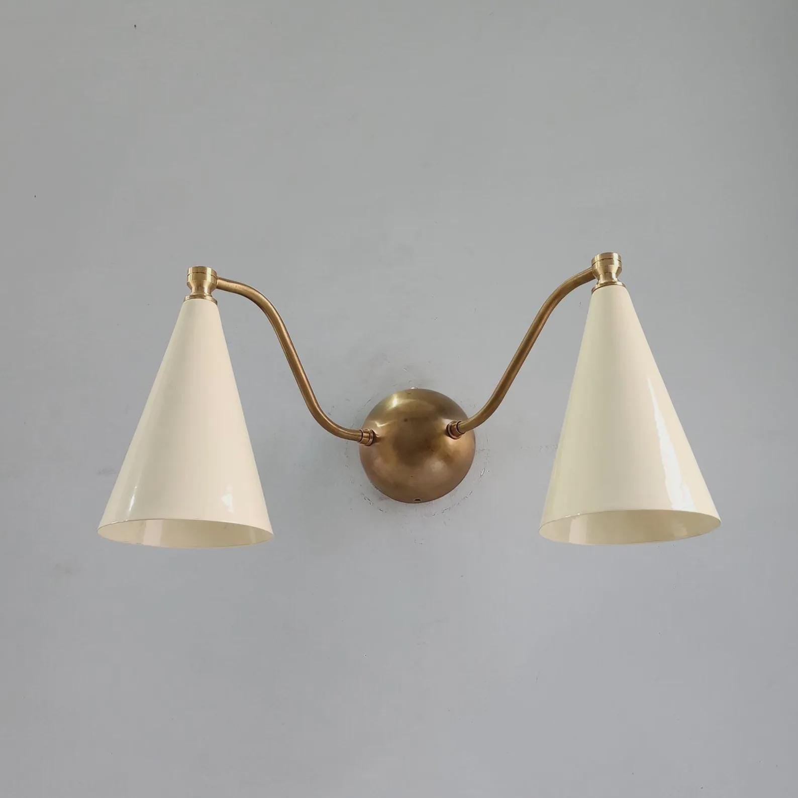 Double Cone Brass Wall Sconce: Mid-Century Modern Light with Ivory Shades