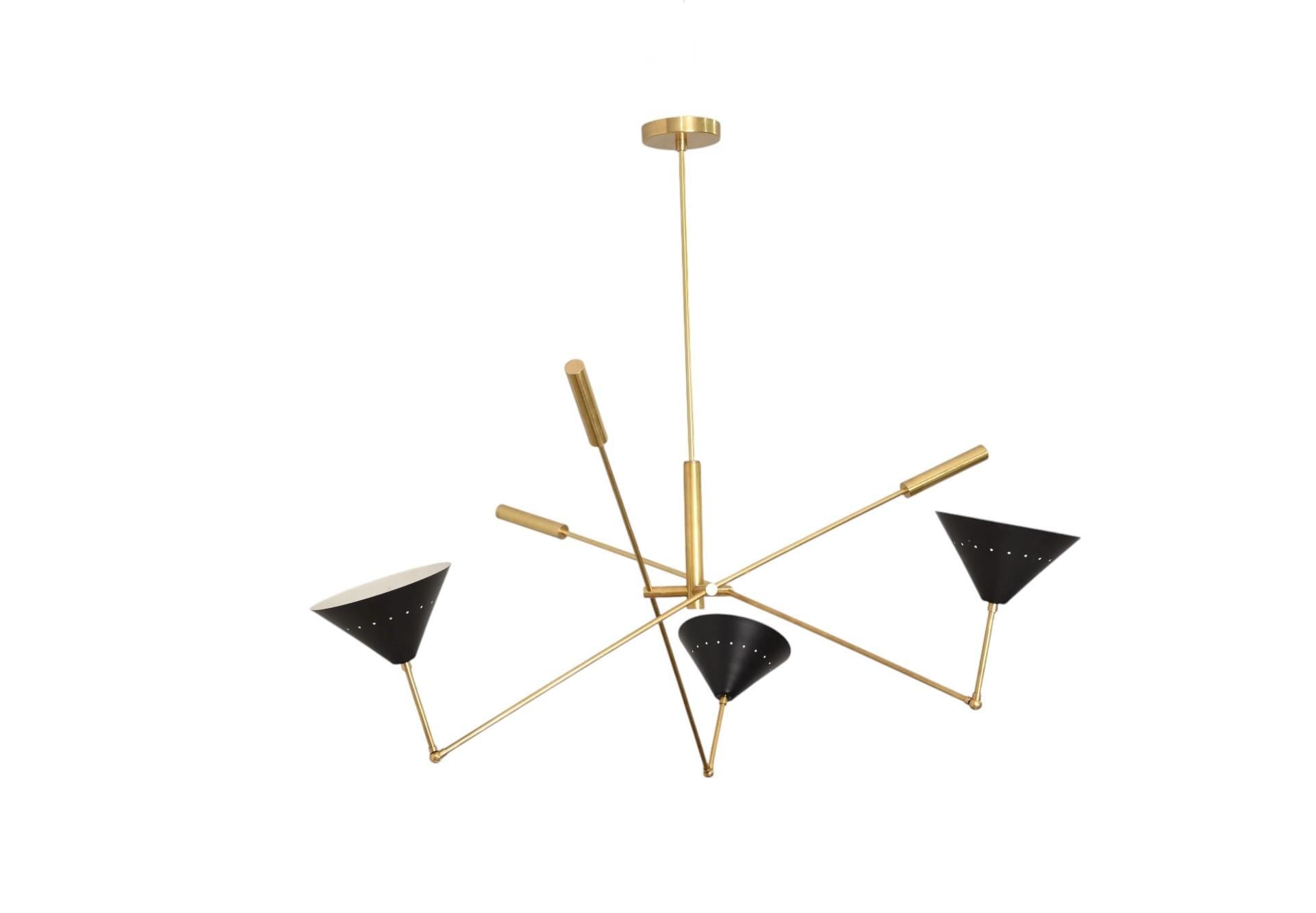 Three light Modern Brass Handmade Cone Vintage Stilnovo Chandelier Light Fixture