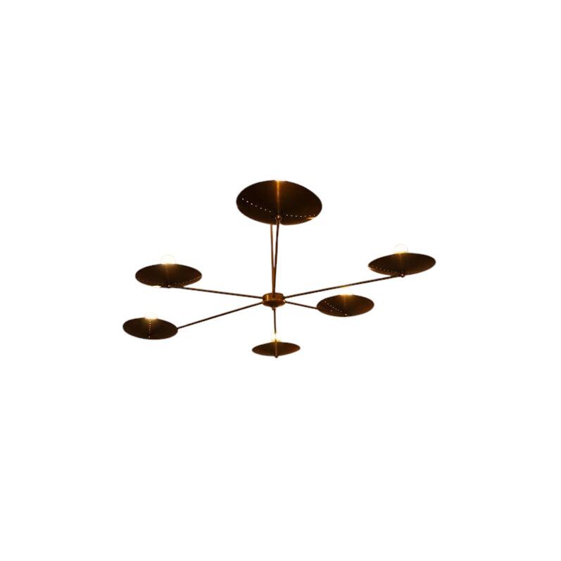 Six Light Brass Sputnik Spider Flushmount Ceiling Fixture Chandelier