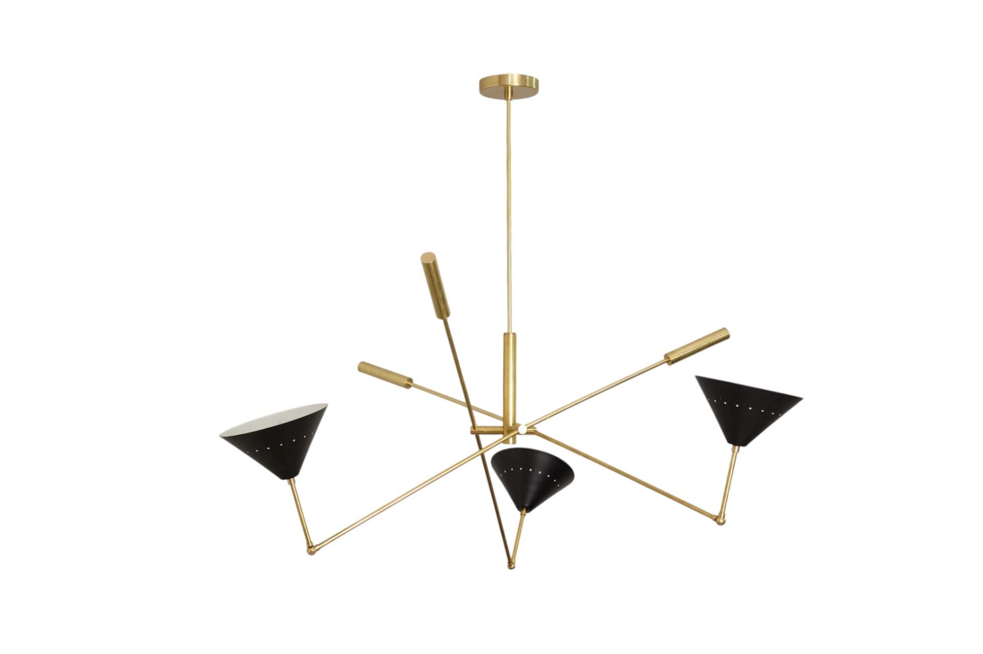 Three light Modern Brass Handmade Cone Vintage Stilnovo Chandelier Light Fixture