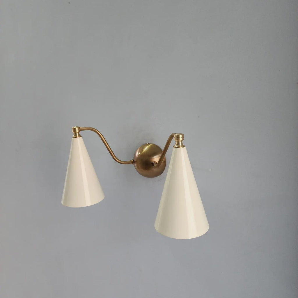 Double Cone Brass Wall Sconce: Mid-Century Modern Light with Ivory Shades
