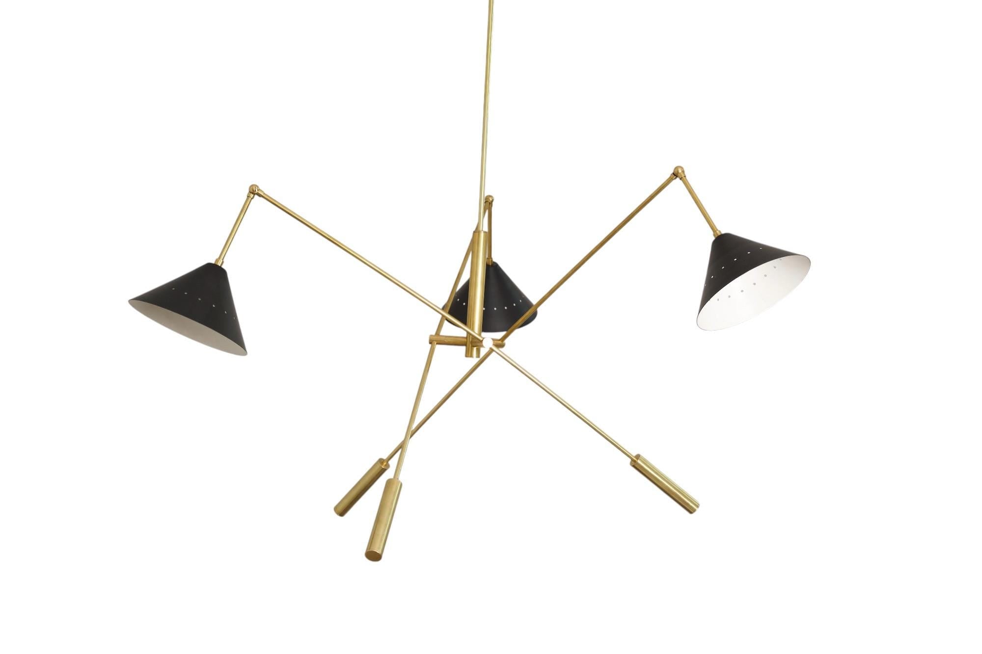 Three light Modern Brass Handmade Cone Vintage Stilnovo Chandelier Light Fixture